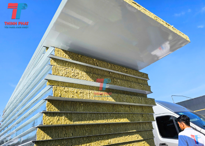 cấu tạo 3 lớp tấm panel sandwich panel chống cháy rockwool