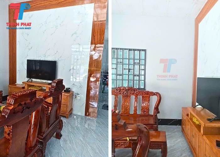 phòng khách nhà lắp ghép panel Bạc Liêu ốp tấm PVC trang trí vách